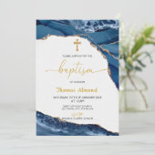 Invitation Garçons aquarelle bleue baptême or (Debout devant)