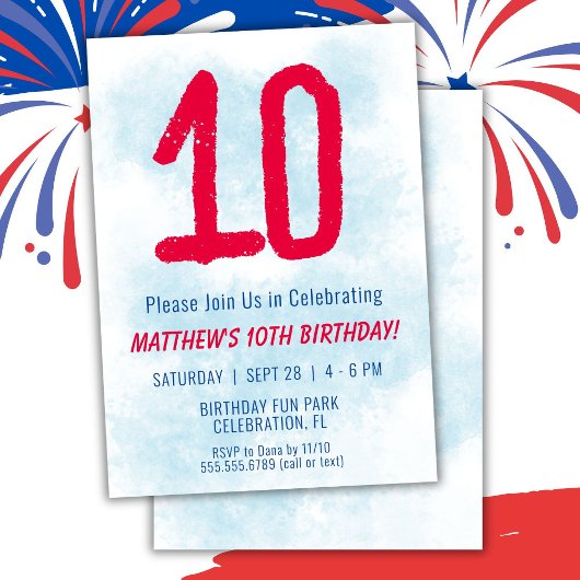 Invitation Garçons Aquarelle Enfants Bleu 10e anniversaire