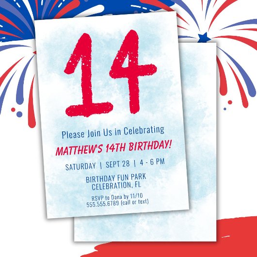 Invitation Garçons Aquarelle Enfants Bleu 14e anniversaire