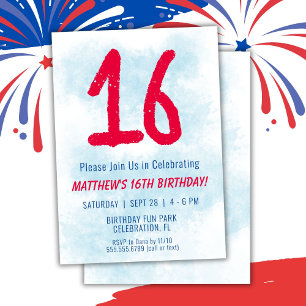 Invitation Garçons Aquarelle Enfants Bleu 16e anniversaire