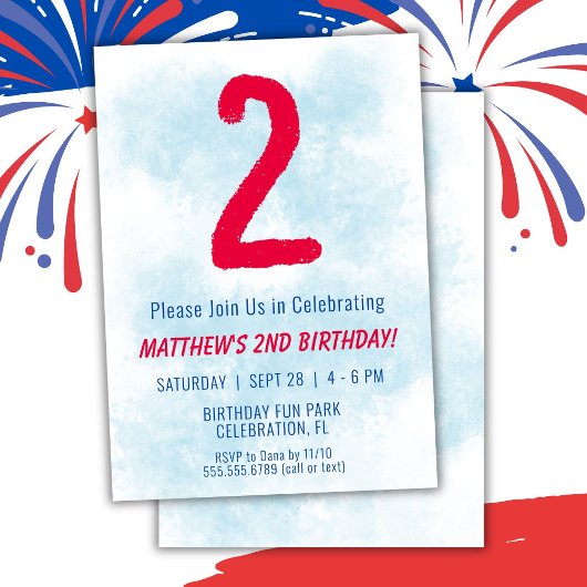 Invitation Garçons Aquarelle Enfants Bleu 2e anniversaire