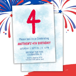 Invitation Garçons Aquarelle Enfants Bleu 4ème Anniversaire