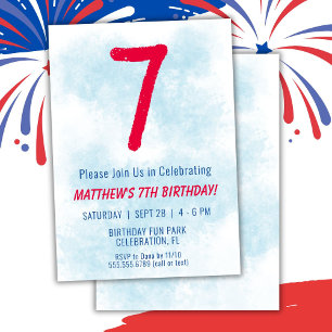 Invitation Garçons Aquarelle Enfants Bleu 7e anniversaire