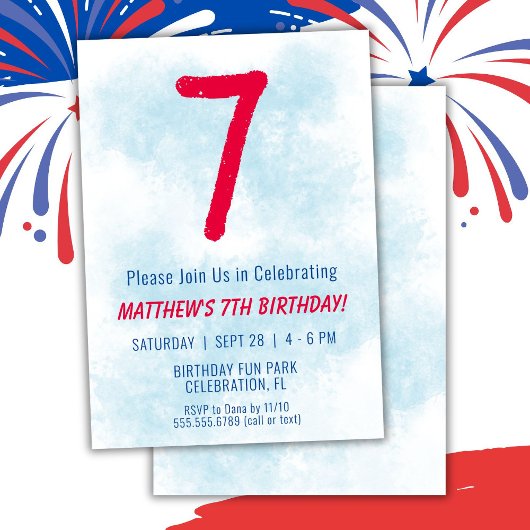 Invitation Garçons Aquarelle Enfants Bleu 7e anniversaire