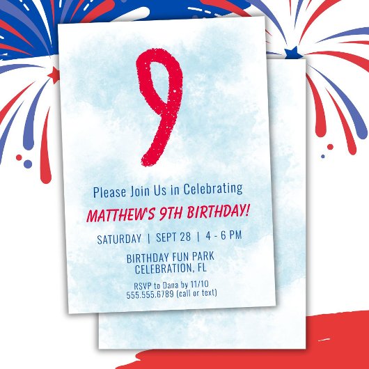 Invitation Garçons Aquarelle Enfants Bleu 9e anniversaire