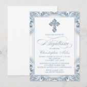 Invitation Garçons Argent Bleu Baptême (Devant / Derrière)