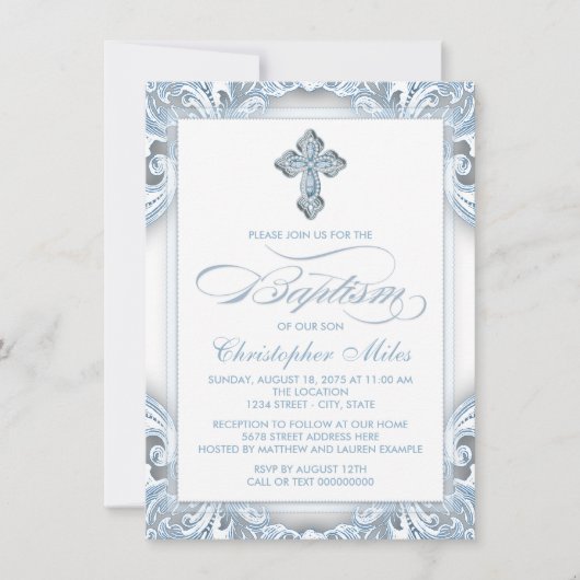 Invitation Garçons Argent Bleu Baptême (Devant)