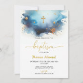 Invitation Garçons au baptême d'or aquarelle bleue (Devant)