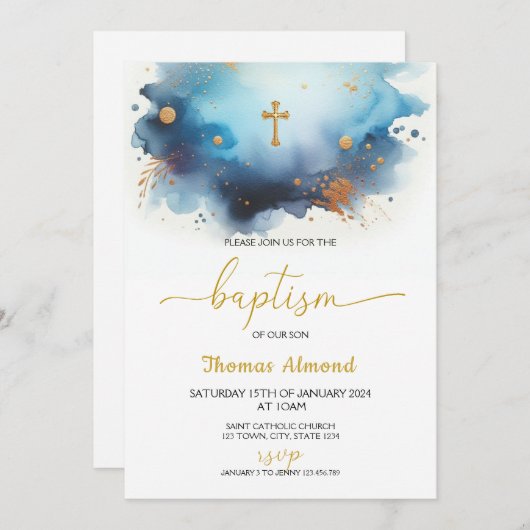 Invitation Garçons au baptême d'or aquarelle bleue (Devant / Derrière)