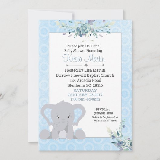 Invitation Garçons Baby shower Floral Eléphant mignon (Devant)