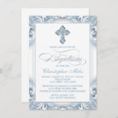 Invitation Garçons Baptême bleu argent (Devant / Derrière)