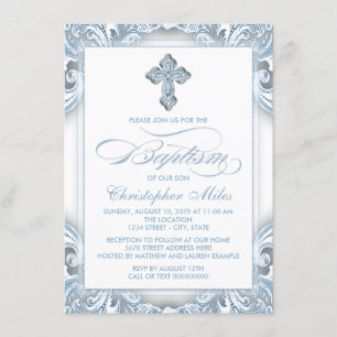 Invitation Garçons Baptême Bleu Argent