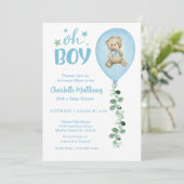 Invitation Garçons Bear Blue Balloon Eucalyptus Baby shower (Debout devant)
