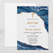 Invitation Garçons bleu aquarelle baptême or (Devant / Derrière)