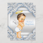 Invitation Garçons Bleu Blanc Ange Garçon Baptême bébé (Devant / Derrière)