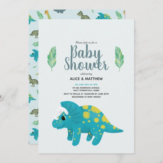 Invitation Garçons Bleu Cute Jungle T-Rex Dinosaur Baby showe (Devant / Derrière)