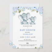 Invitation Garçons bleu Floral Elephand and Calf Baby shower (Devant / Derrière)