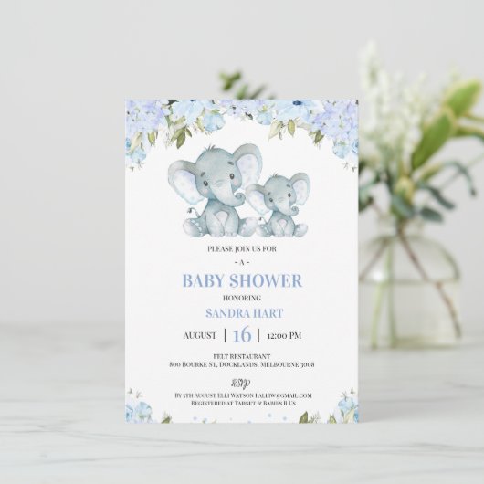 Invitation Garçons bleu Floral Elephand and Calf Baby shower (Debout devant)