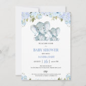 Invitation Garçons bleu Floral Elephand and Calf Baby shower (Devant)