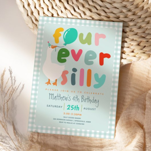 Invitation Garçons Bleu « Four Ever Silly » Oie 4e Anniversai