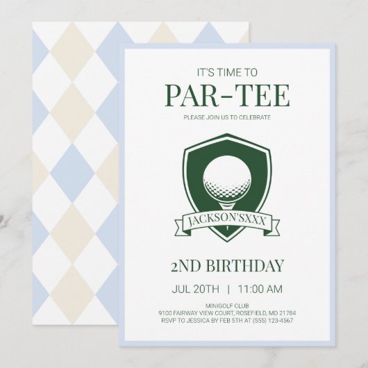 Invitation Garçons Bleu Golfe Temps de Fête d'anniversaire 2 (Devant / Derrière)