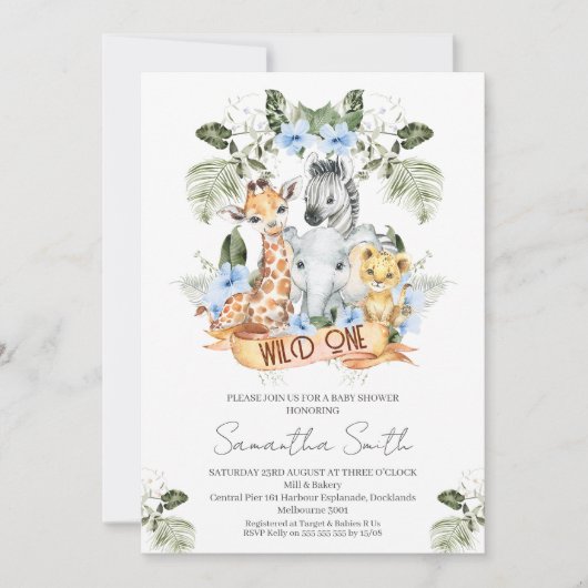 Invitation Garçons Blue Floral Safari Wild Un Baby shower (Devant)