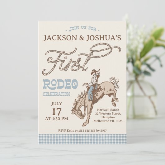 Invitation Garçons Blue Grey Twins Premier Rodéo 1er Annivers (Debout devant)