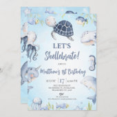 Invitation Garçons Blue Sea Turtle Lets Shellebrate 1er anniv (Devant / Derrière)