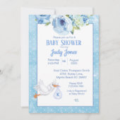 Invitation Garçons Blue Stork Monogram Baby shower Floral (Devant)