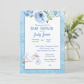 Invitation Garçons Blue Stork Monogram Baby shower Floral (Debout devant)