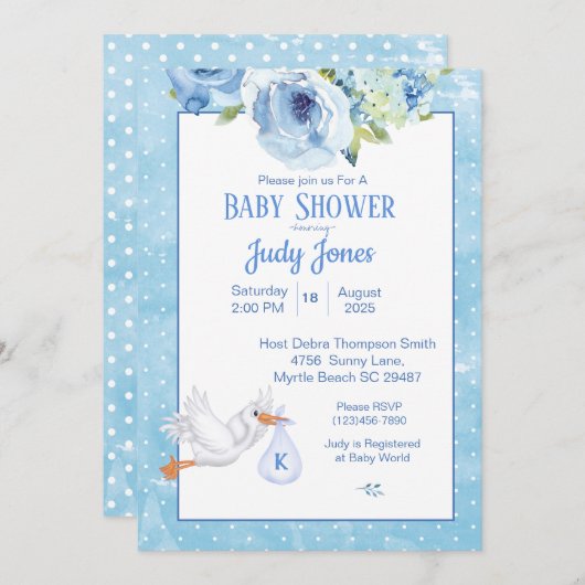 Invitation Garçons Blue Stork Monogram Baby shower Floral (Devant / Derrière)