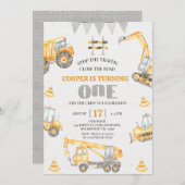 Invitation Garçons Bunting Jaune Construction 1er Anniversair (Devant / Derrière)