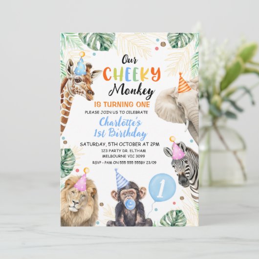 Invitation Garçons Casquette Bleu Notre Singe Cheveux Anniver (Debout devant)