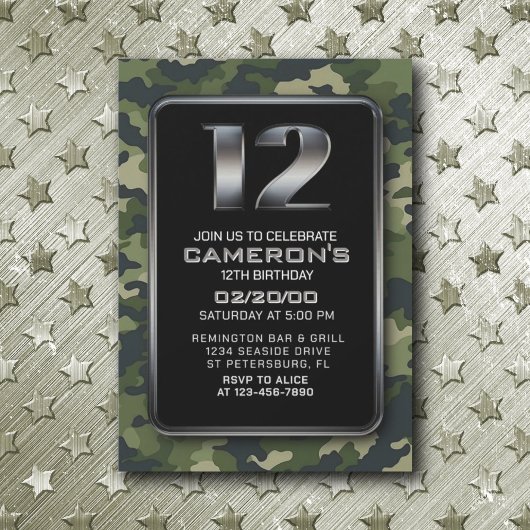 Invitation Garçons Chasse Armée 12e anniversaire
