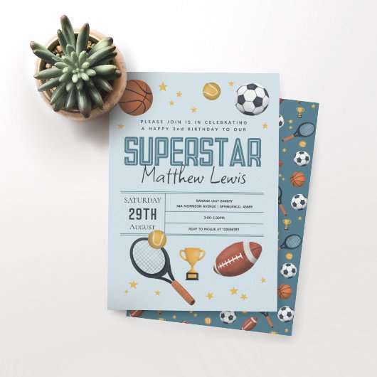 Invitation Garçons Cute Blue Sports Superstar Enfants 2e anni