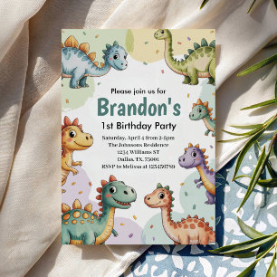 Invitation Garçons Cute Dinosaur 1er anniversaire