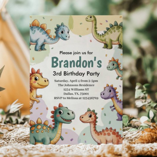 Invitation Garçons Cute Dinosaur 3e anniversaire