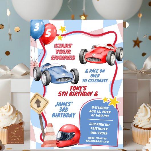 Invitation Garçons de voiture de course Anniversaire commun