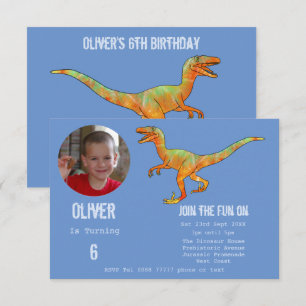Invitation Garçons Dinosaure Vélociraptor 6e Anniversaire Ble