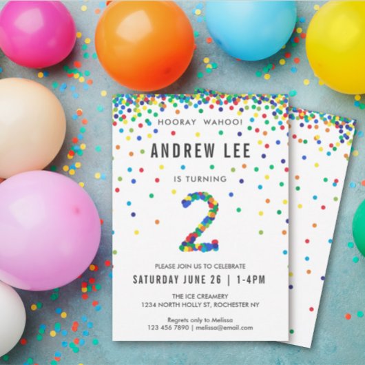 Invitation Garçons fête de 2e anniversaire, Confetti couleur 