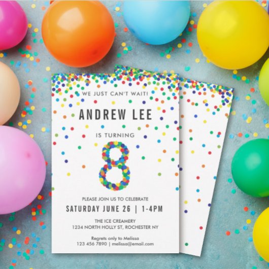 Invitation Garçons fête de 8e anniversaire, Confetti couleur 