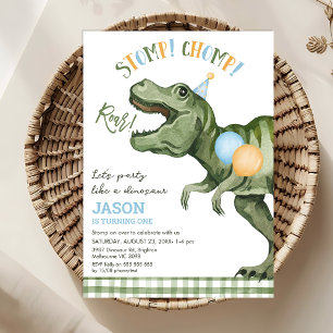 Invitation Garçons Green Stomp Chomp Roar Dinosaur 1er annive