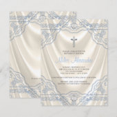 Invitation Garçons ivoire beige et baptême bleu Christening (Devant / Derrière)