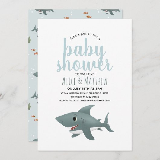 Invitation Garçons Joli Baby shower moderne Blue Ocean requin (Devant / Derrière)