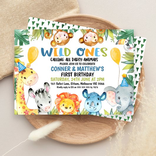 Invitation Garçons Jumeaux colorés Wild Ones Safari 1er Anniv