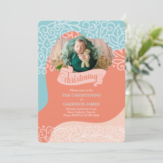 Invitation Garçons Orange et Bleu Vagues avec Christening Pho (Debout devant)