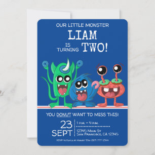 Invitation Garçons Petits Monstres Mignons Gâteau pour le 2èm