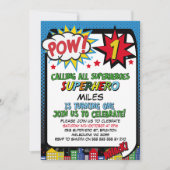Invitation Garçons Pow Blue Red Superhero 1er anniversaire (Devant)
