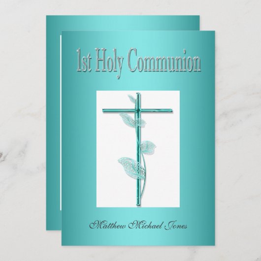 Invitation Garçons première communion sainte bleue (Devant / Derrière)