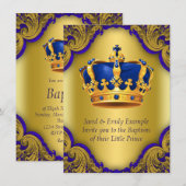 Invitation Garçons Prince Baptême Royal Bleu et or Couronne (Devant / Derrière)
